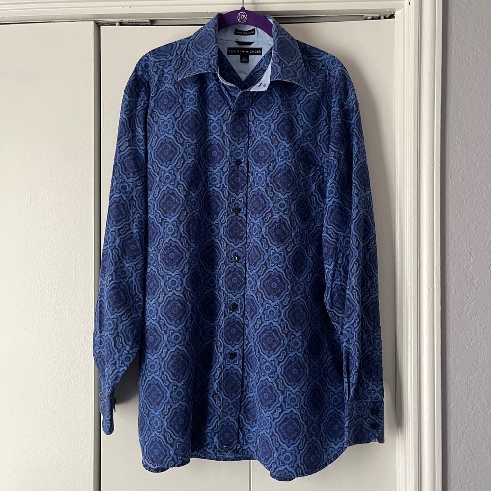 Tommy Hilfiger Mens Long‎ Sleeve Button Down Shirt Blue Pattern L